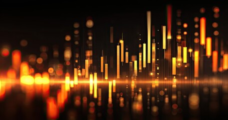 Abstract graphic of vertical, light-orange and gold bars against a dark background with bokeh