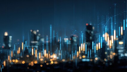 Night city skyline overlaid with financial charts.  Blurred city lights,  and digital stock market indicators create a vibrant, modern feel