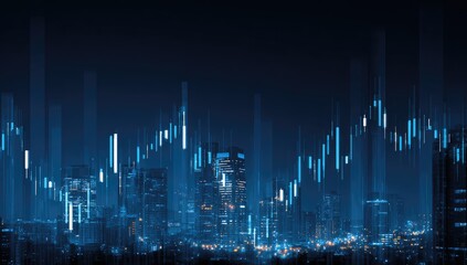 Night cityscape overlaid with glowing financial charts