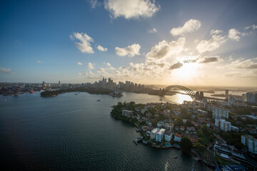 Aerial view of Sydney Harbour at sunset