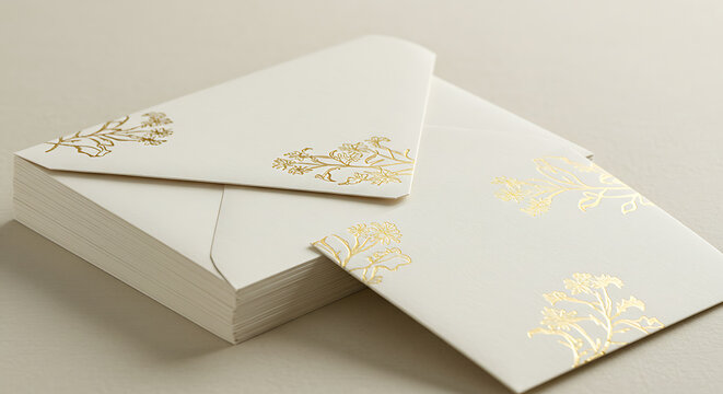 Stack of elegant ivory envelopes with gold foil botanical accents, exuding timeless luxury and refinement, ideal for weddings, special occasions, and upscale correspondence.
