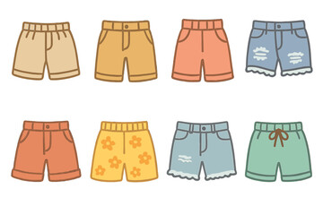 Colorful Kids' Shorts. Flat vector mini-illustrations casual shorts in colors children's illustrations: linen shorts, chino shorts
