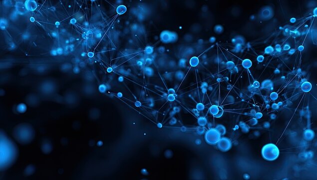 Abstract network of glowing blue spheres connected by translucent lines against a dark background - Powered by Adobe