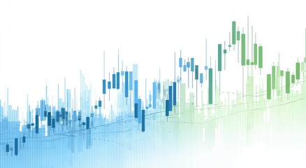 Abstract financial chart with light, multicolored candlestick patterns and a smooth, light-colored line graph overlaid