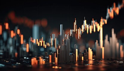 Abstract cityscape overlaid with financial data.  Orange and gold candlestick charts rise and fall over a dark city scene