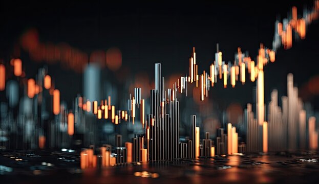 Abstract cityscape overlaid with financial data.  Orange and gold candlestick charts rise and fall over a dark city scene - Powered by Adobe