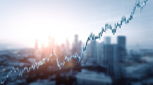 Abstract financial chart overlaid on a blurred cityscape