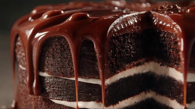 Chocolate cake with dripping icing and layered filling closeup  