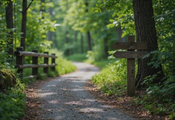 Scenic forest trail with a wayfinding post and lush greenery