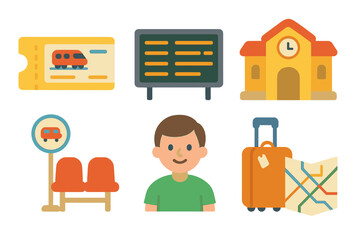 Colorful Train Icons. Flat vector mini-illustrations train ticketing in colors children's illustrations: ticket, schedule board,