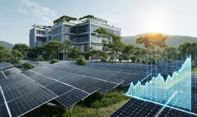 Modern office building with solar panels and rising graph overlay