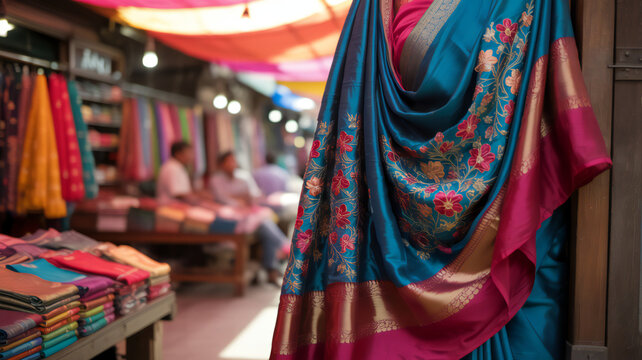 Vibrant indian textile market stall showcasing colorful draped silk sarees with intricate floral embroidery and stacks of folded fabrics