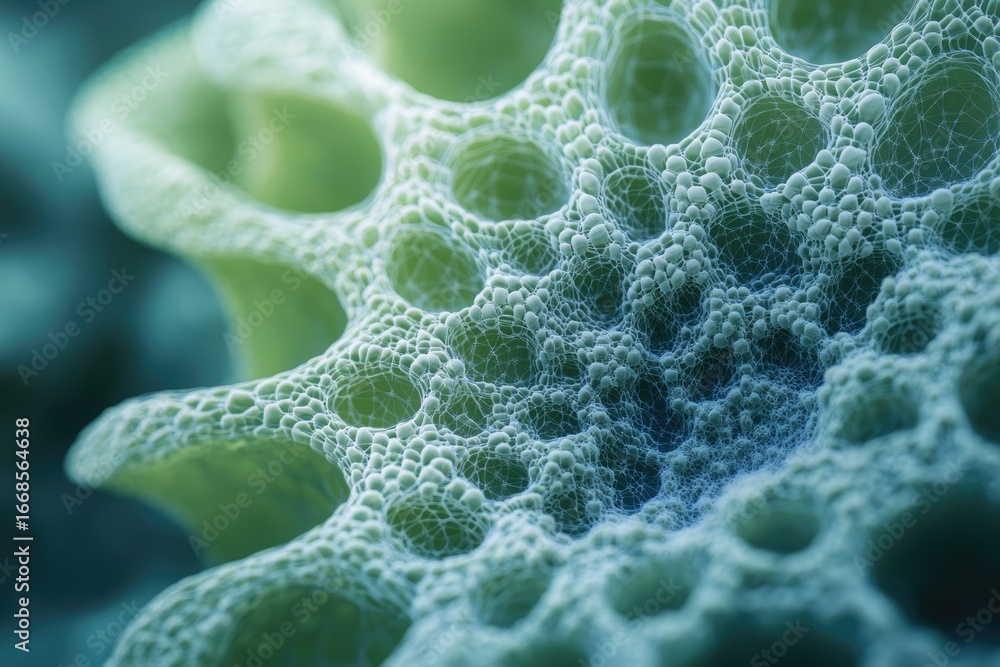 Poster microscopic view of a complex, interconnected network resembling a cellular structure or abstract ar