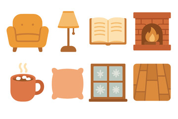 Cozy Home Icons. Flat vector mini-illustrations cozy home in colors children's illustrations: armchair, warm lamp, open book,