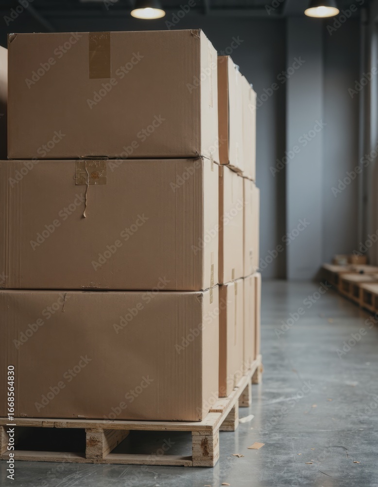 Poster stacked boxes aligned on a pallet in a retail backroom setting