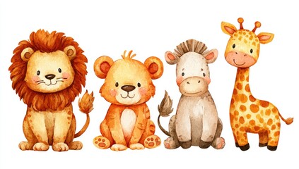 Obraz premium Cute watercolor illustration of four adorable baby animals; a lion, a lion cub, a zebra-like animal, and a giraffe, all sitting and facing forward in a row against a plain white background.