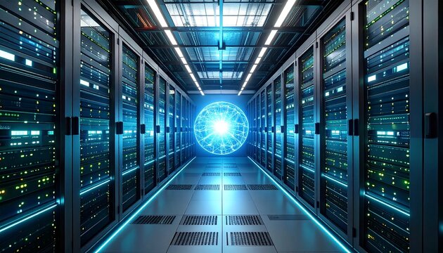Futuristic data center illuminated by glowing sphere - Powered by Adobe