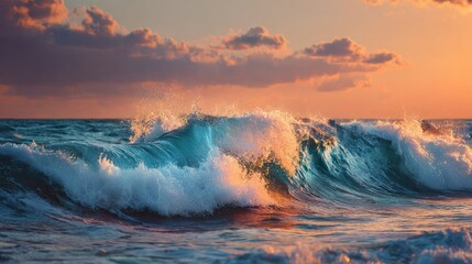 Fototapeta premium Ocean's Embrace: A mesmerizing view captures the powerful surge of a breaking ocean wave under the captivating hues of a sunset.