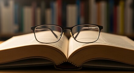 Eyeglasses resting on an open book with a blurred bookshelf in the background indoors study room