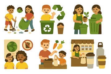 Eco-Friendly Community Actions. Flat vector mini-illustrations community waste actions in colors children's illustrations:
