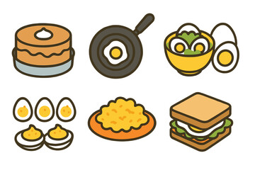 Eggs in Various Dishes. Flat vector mini-illustrations hen eggs usage in colors children's illustrations: baking cake, frying pan,