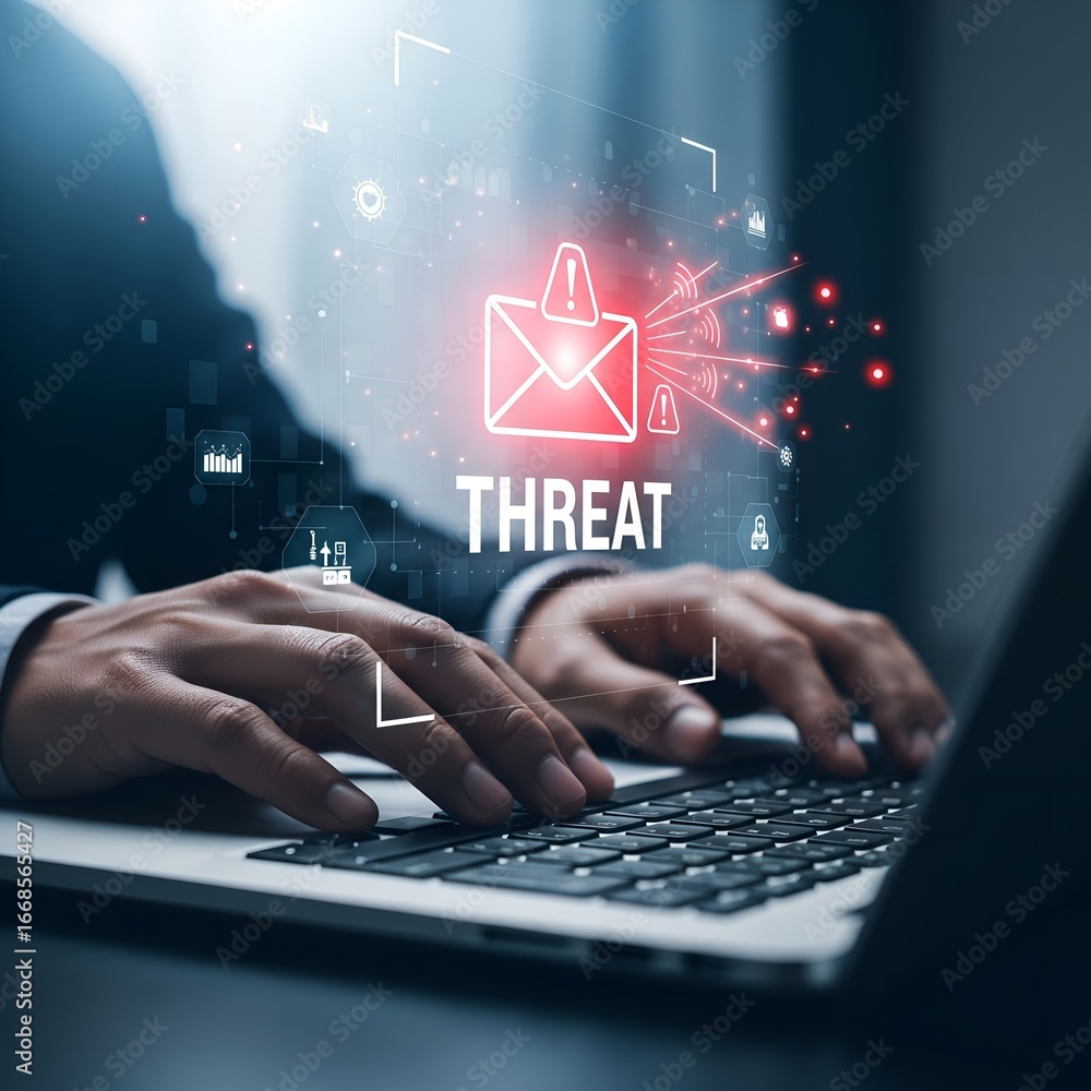 Aufkleber cybersecurity threat alert on computer screen with hands typing on keyboard
