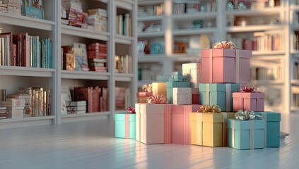 A cheerful, sunlit room filled with bookshelves and a towering stack of pastel-colored gift boxes