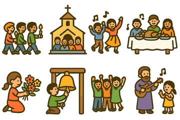 Obraz premium Festive Faith Icons. Flat vector mini-illustrations Faithful festivals in colors children's illustrations: candle procession,