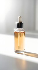 Naklejka premium A clear glass bottle with a dropper filled with amber liquid sits on a white surface, illuminated by bright sunlight creating shadows.