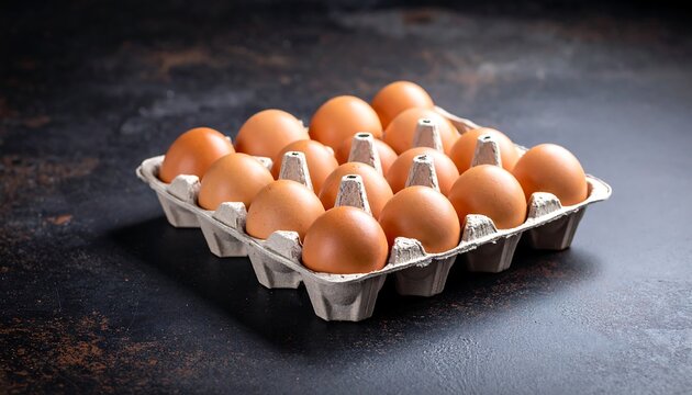 Carton of brown eggs on dark surface (2)