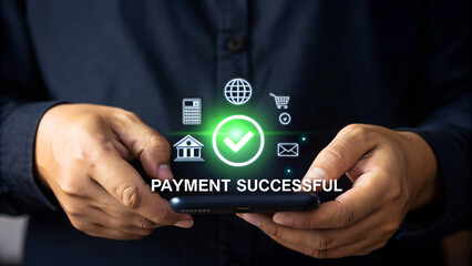 Successful mobile payment confirmation with digital icons for global banking and online shopping transactions