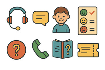 Kid-Friendly Support Icons. Flat vector mini-illustrations customer support in colors children's illustrations: headset, chat