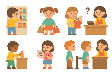 Kids' Shopping Activities. Flat vector mini-illustrations shop customer activities in colors children's illustrations: browsing
