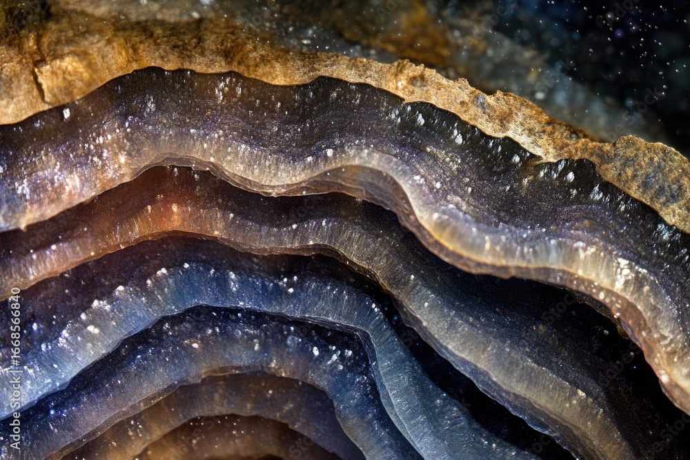 Poster close-up of layered rock formation showing intricate patterns and textures in shades of blue, brown,