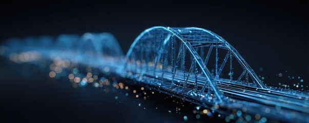 Abstract glowing blue bridge with lights, futuristic tech, connecting points