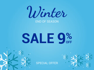9% off sale banner. Nine percent special offer. Winter sale banner. Winter End of Season Sale Background Design. Vector Template for advertising, web and social media.