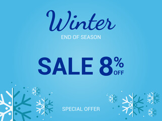 8% off sale banner. Eight percent special offer. Winter sale banner. Winter End of Season Sale Background Design. Vector Template for advertising, web and social media.