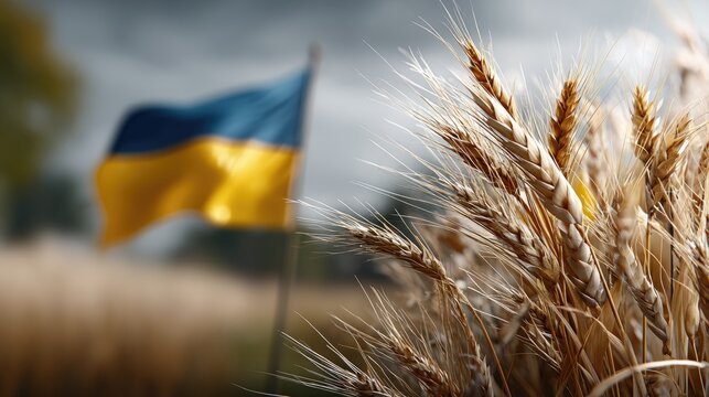 Wheat field in Ukraine with national flag waving gently under a cloudy sky at dusk - Powered by Adobe