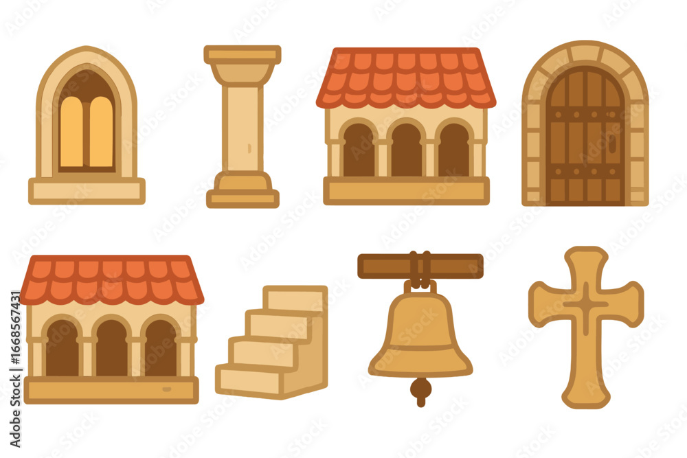 Poster monastery architecture icons. flat vector mini-illustrations monastery architecture in colors childr
