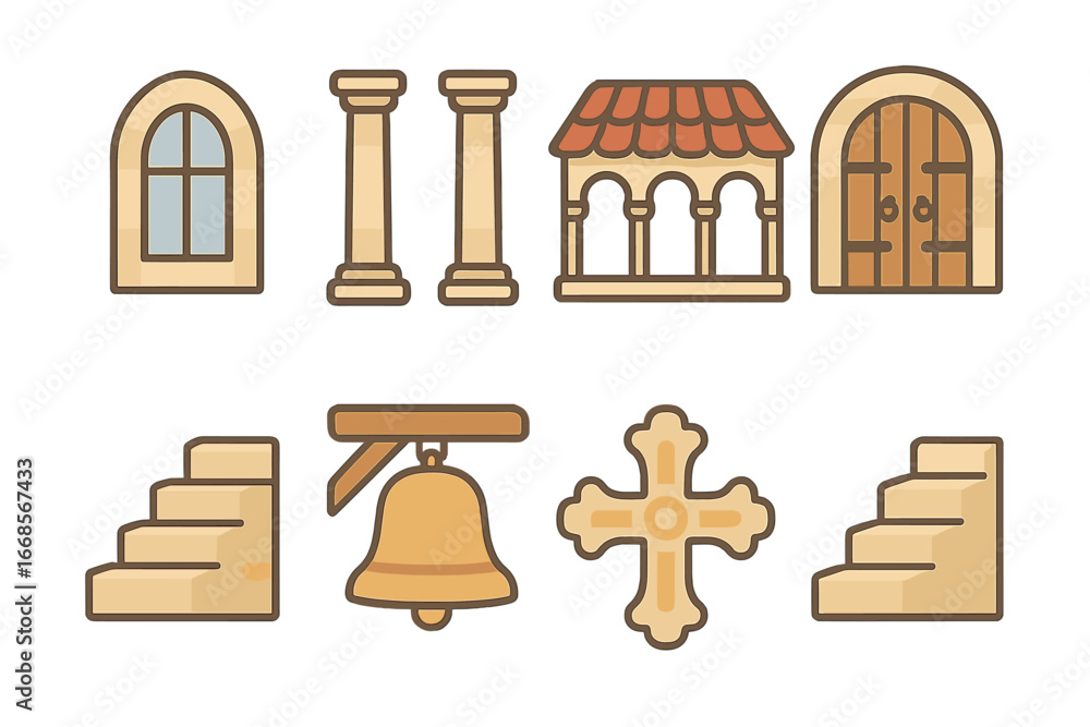 Poster monastery architecture icons. flat vector mini-illustrations monastery architecture in colors childr