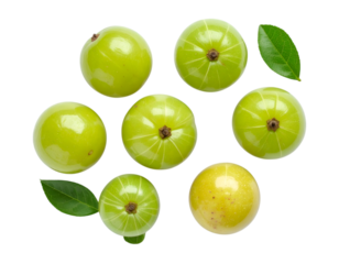 Amla Fruits and Leaves: A vibrant overhead shot showcasing a collection of fresh, round amla fruits, complete with lush green leaves, embodying nature's wholesome goodness. 