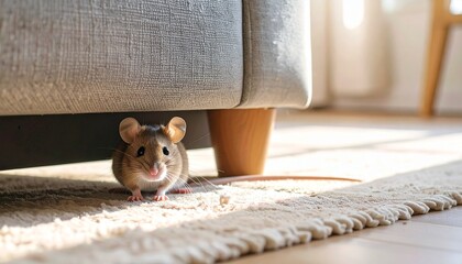 Curious Mouse Under Couch Exploring Living Room, Light and Airy Ambiance