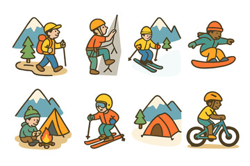Mountain Adventure Icons. Flat vector mini-illustrations mountain activities in colors children's illustrations: hiking, rock