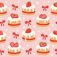 Seamless vector pattern with cute bento strawberry cake and red bows. Girly dessert on pink background. Hand drawn doodle coquette texture for wallpaper, wrapping paper, textile design