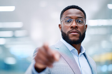 Obraz premium A confident man in a light suit gestures towards the camera, showcasing a professional demeanor in a modern office setting.