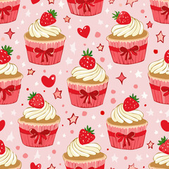 Seamless vector pattern with cute bento strawberry cake and red bows. Girly dessert on pink background. Hand drawn doodle coquette texture for wallpaper, wrapping paper, textile design