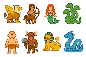 Fototapeta premium Mythical Creatures Icons. Flat vector mini-illustrations mythical creatures in colors children's illustrations: griffin, centaur,