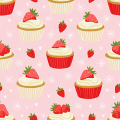 Seamless vector pattern with cute bento strawberry cake and red bows. Girly dessert on pink background. Hand drawn doodle coquette texture for wallpaper, wrapping paper, textile design