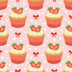 Seamless vector pattern with cute bento strawberry cake and red bows. Girly dessert on pink background. Hand drawn doodle coquette texture for wallpaper, wrapping paper, textile design