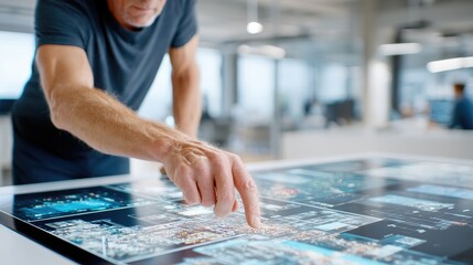 Engineer Interacting with Holographic Circuit Diagram on Large Touchscreen Table